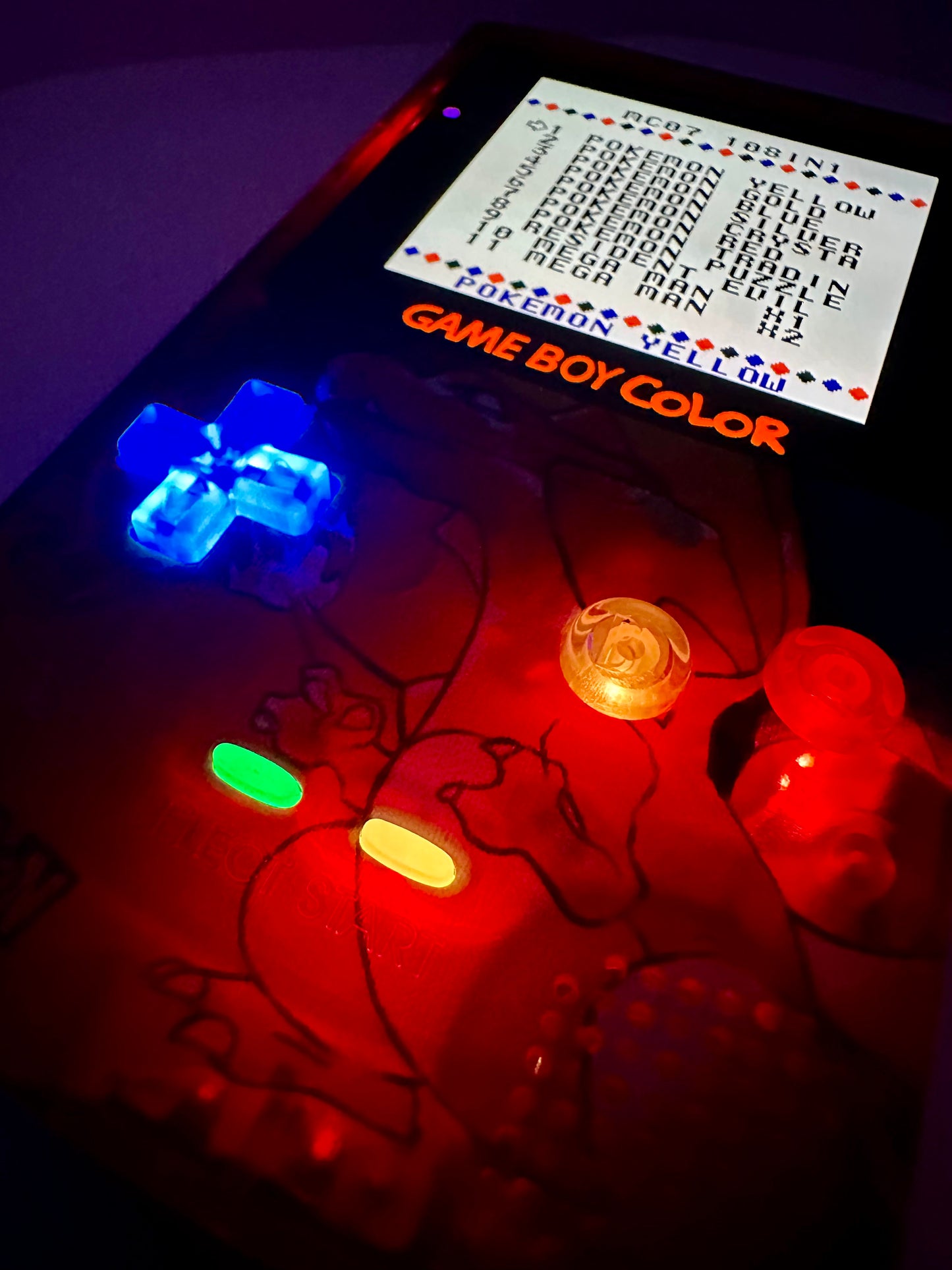 Charizard Game Boy Color with OLED Touch Screen & Button LEDs